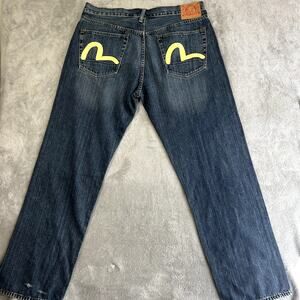 Evisu Japanese Selvedge Jeans Mens 40 Blue Denim Button Fly Wide Leg Baggy